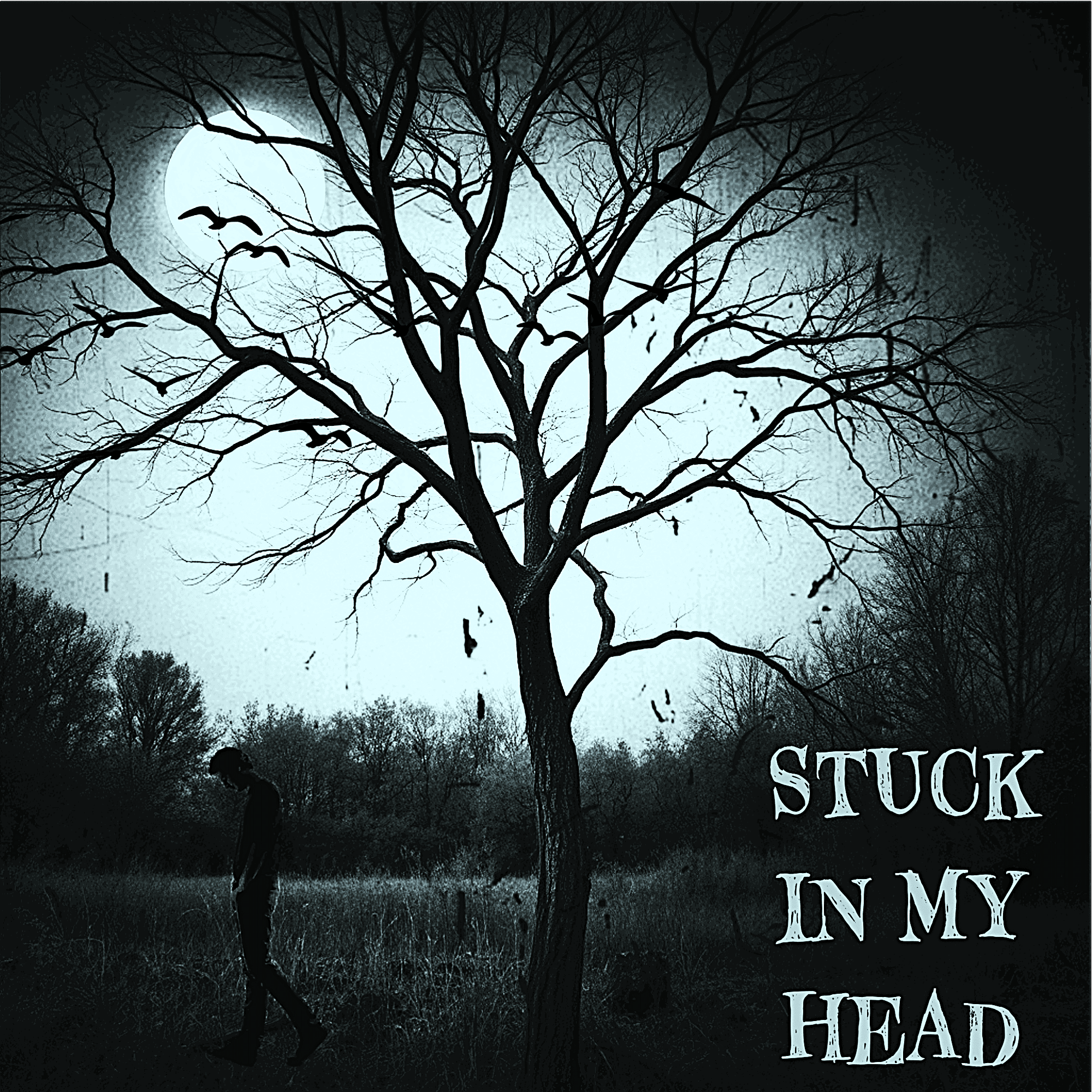 JU$T JO$H'N - Stuck In My Head: a black and white image of a person standing in front of a tree with the words stuck in my head