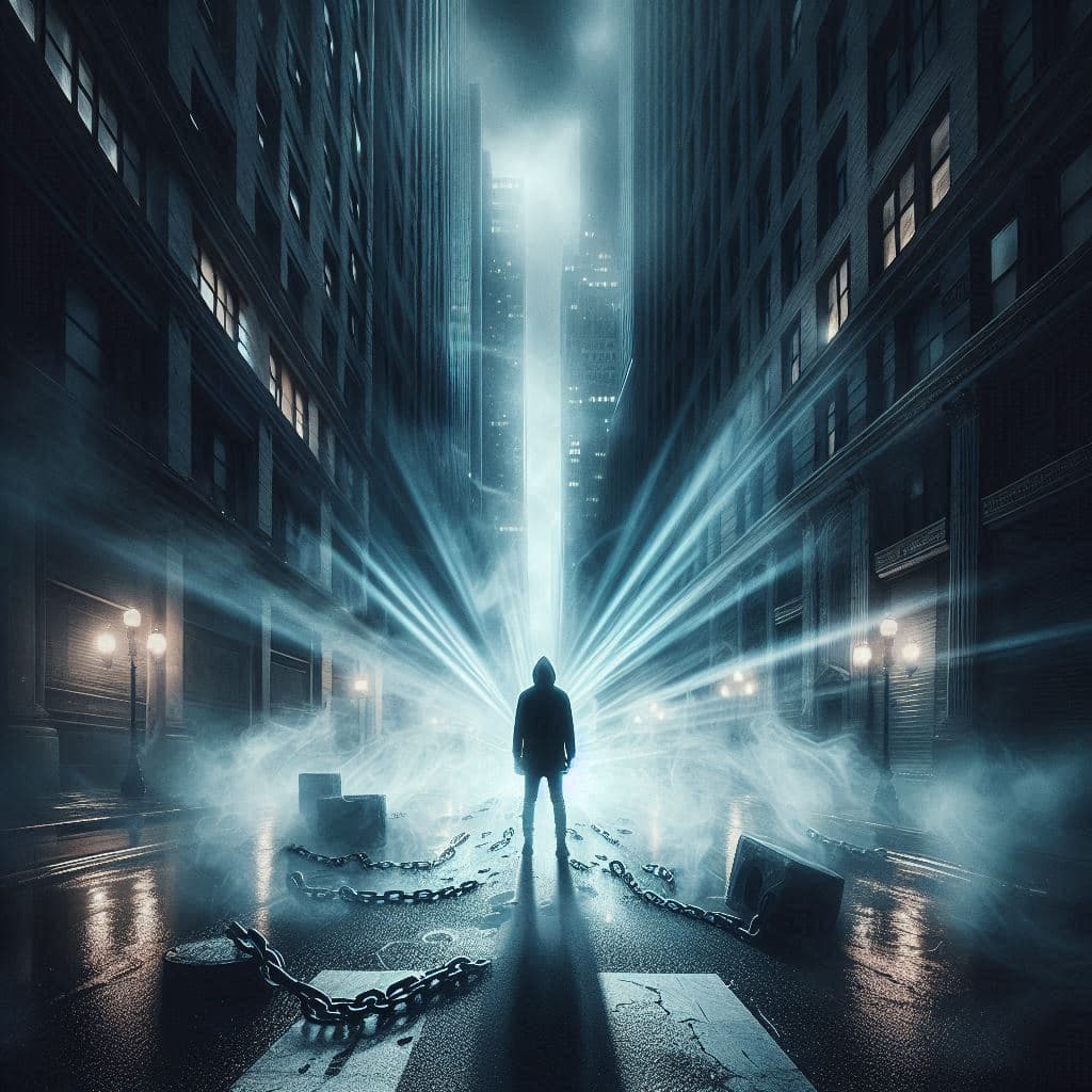 JU$T JO$H'N - Breaking Chains: a man standing in the middle of a city with chains